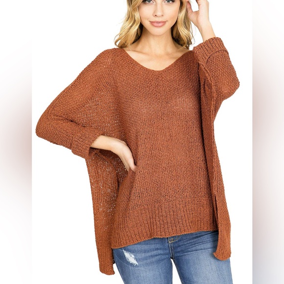 She + Sky V-Neck Open Knit Orange  Sweater- One Size - Picture 1 of 11